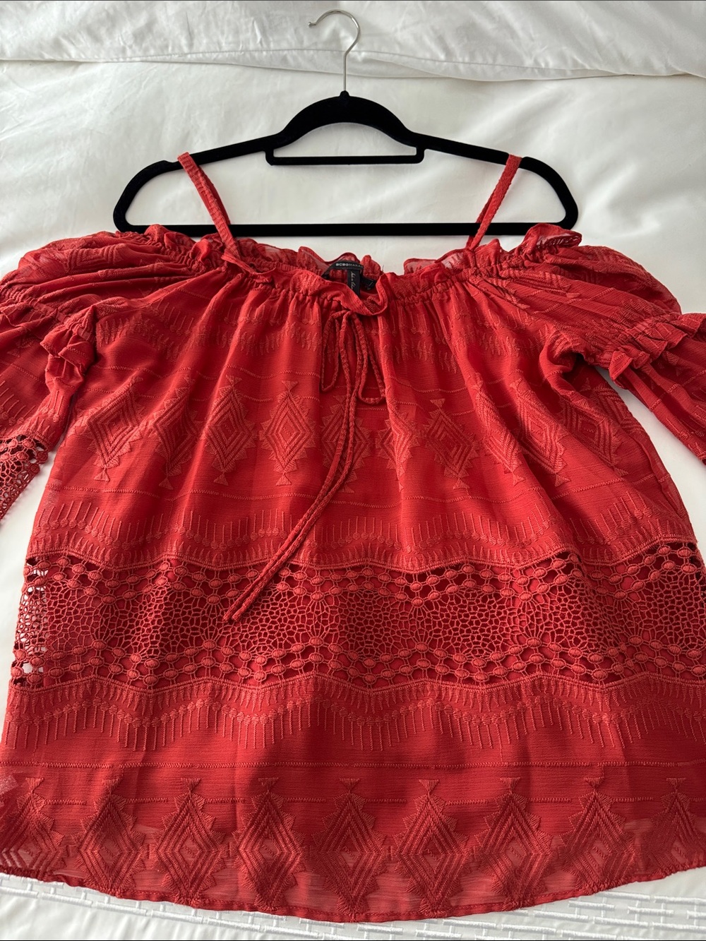 BCBGMaxAzria Red Off-Shoulder Crochet-Trim Blouse